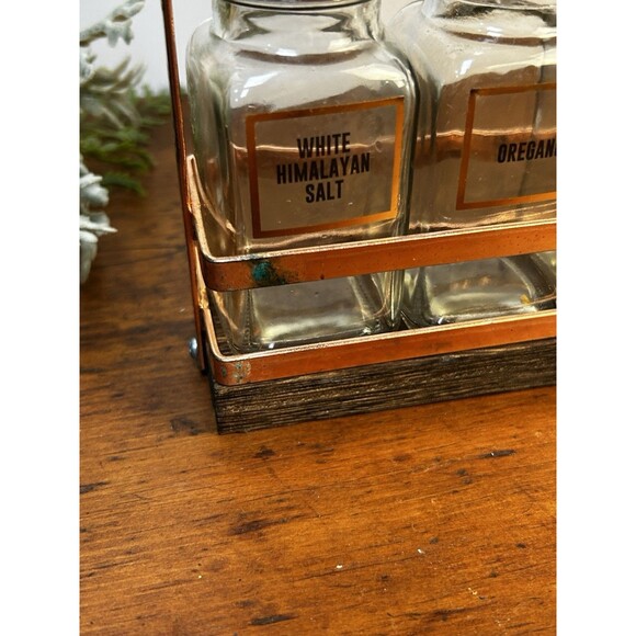 Vintage-esque Copper & Wood Spice Rack Urban Gourmet 10 Glass Jars - Picture 4 of 11
